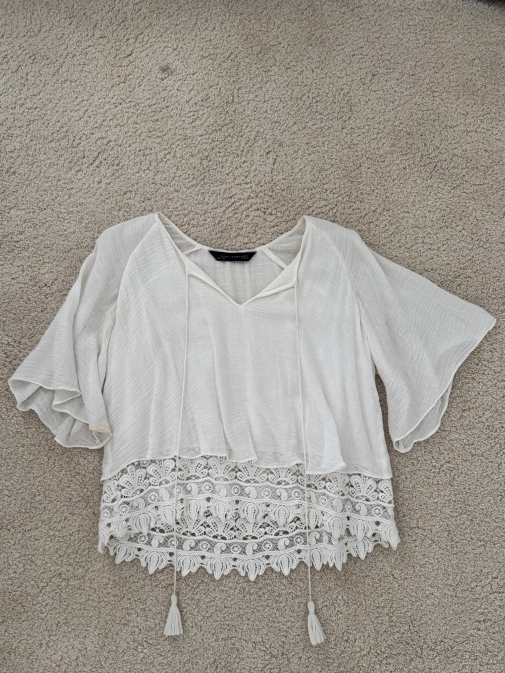 Zara White Lace-Hem Peasant Boho Blouse